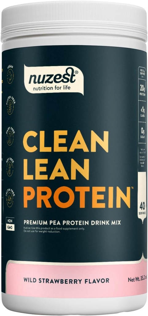 Nuzest - Pea蛋白粉 - Clean Lean protein, Premium Vegan 植物基蛋白粉, 乳品免费, Gluten 免费, GMO 免费,自然甜化,野草莓, 40种服务, 2.2磅