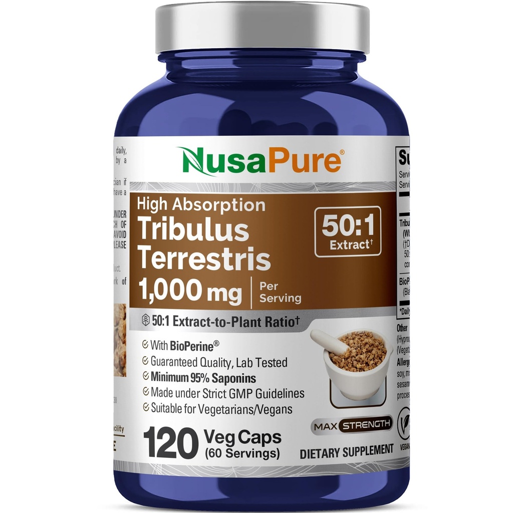 NusaPure Tribulus Terrestris 50:1 提取物,1000毫克等效于50,000mg| 120 Veggie Caps 95% Seponins → Non-GMO, Bioperine