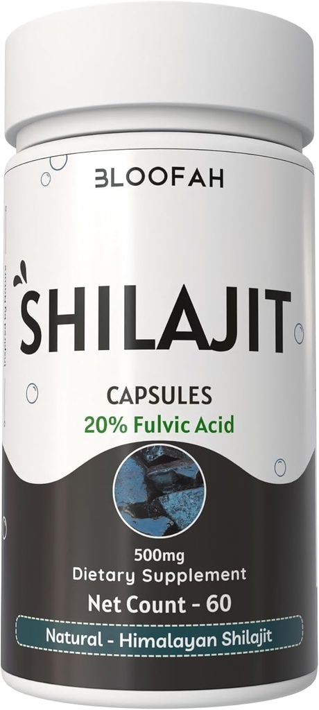 Shilajit Capsules 500mg → 20% 提取粉末 → 纯化灰尘 + 高度集中 → 非 GMO, Gluten- Free → Premium Quality (60 counter (Pack of 1))