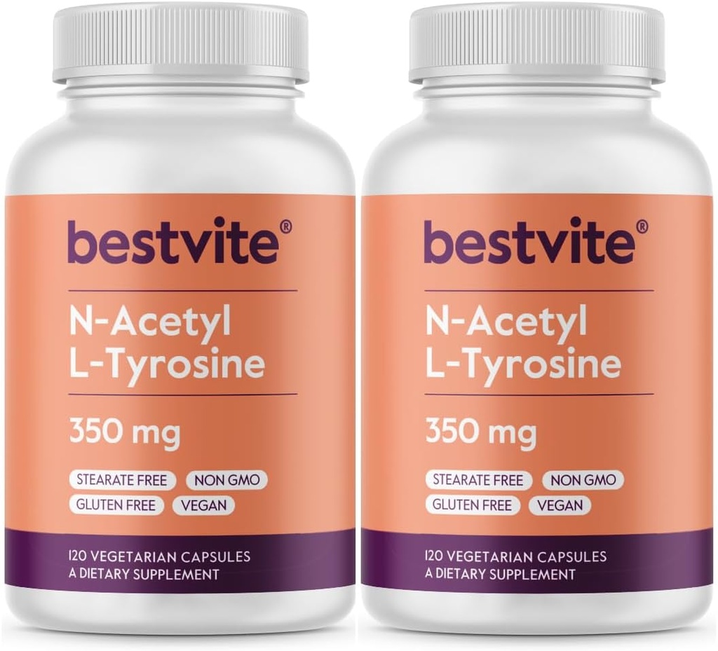 BESTVITE N-乙酰L-Tyrosine 350mg(NALT)(240卡普尔)(120 x2) - 无 Stearates - 非转基因 - Gluten Free