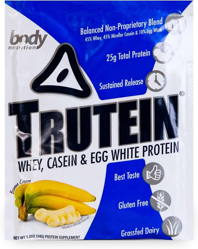 体营养 特鲁特因高蛋白粉:45% Whey,45% Casein,10% Egg White,无葡萄糖,低钠,草药 Whey蛋白粉,Gym补充和早餐摇摆,香蕉奶油,34g样本