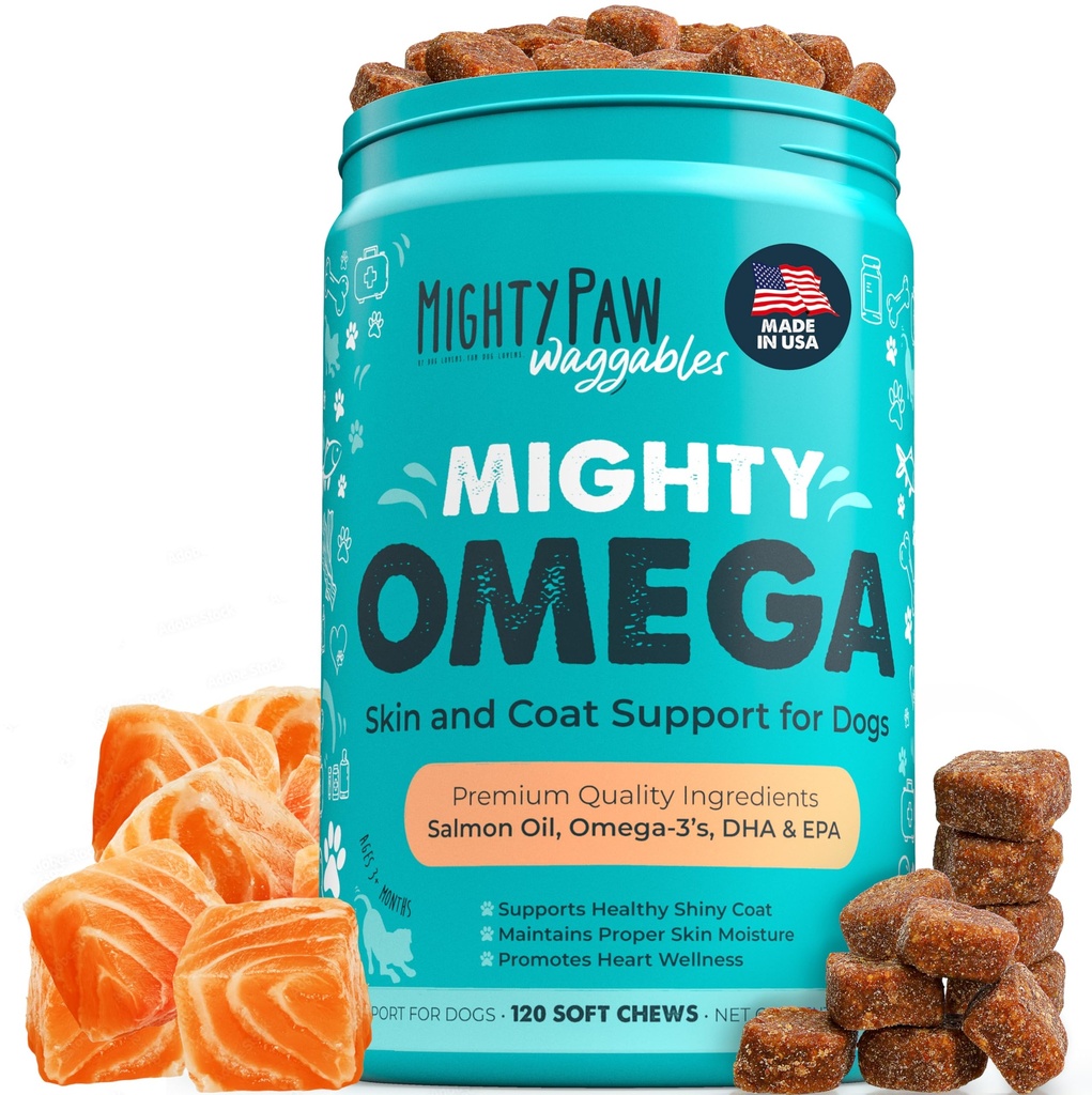 威猛的Paw Waggables威猛的Omega(美国男子,120名伯爵) Omega 3 Fish Oil Chew for Dogs. 沙门·弗拉沃尔·皮和煤增刊. 软嚼鱼油换狗-DHA & EPA,培根火焰