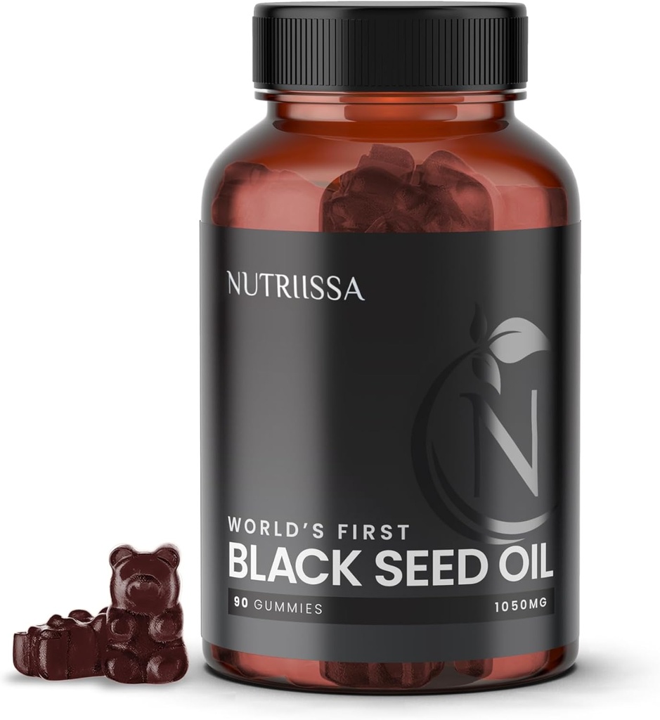 Nutriissa Black种子油 + 长老Berry Gummys – 冷椒黑 Cumin种子 Nigella Sativa 石油 – EPEB 纯度和概率认证 90 蓝莓火焰 Vegan Gummys