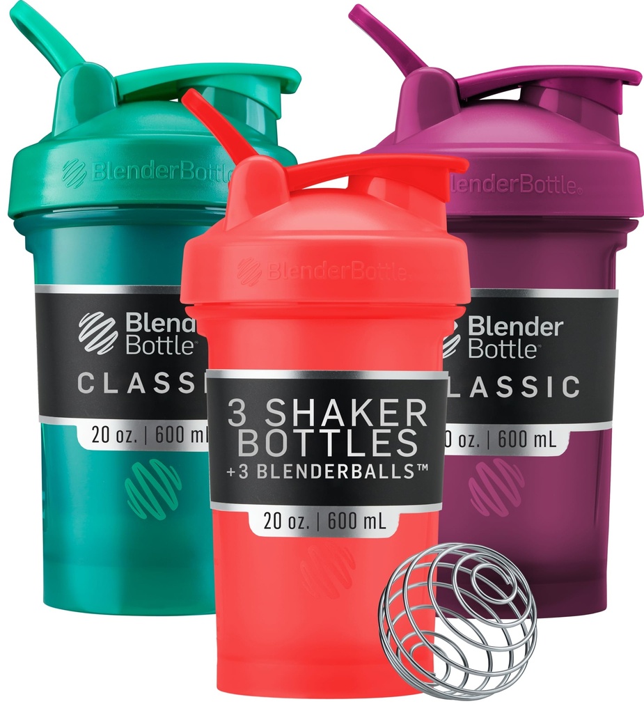 BlenderBottle Classic V2 摇摆瓶 完美用于蛋白质摇摆和前置工作,20-Ounce(3 Pack),红,绿,梅