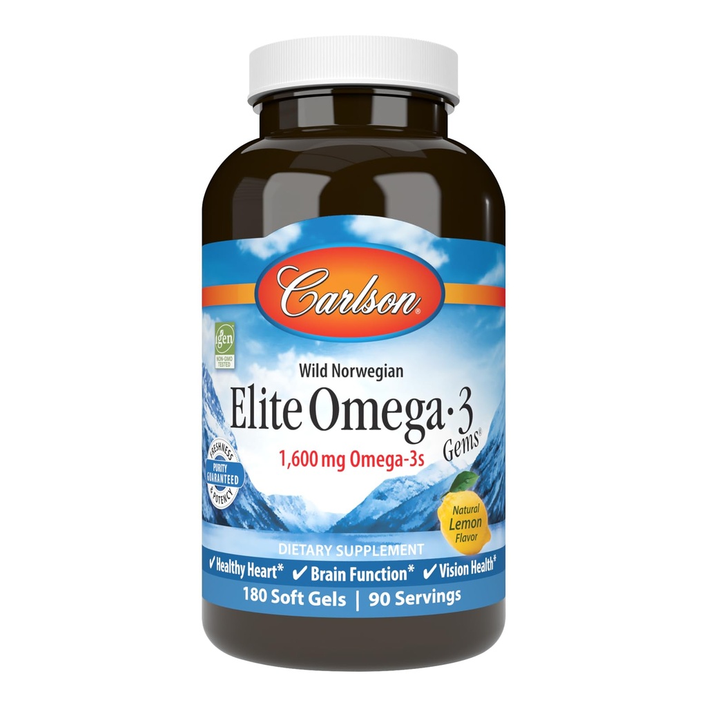 Carlson - Elite Omega-3 Gems, 1600 mg Omega-3 包括EPA和DHA,挪威,野生捕鱼油补充品,可持续来源,柠檬,180软胶