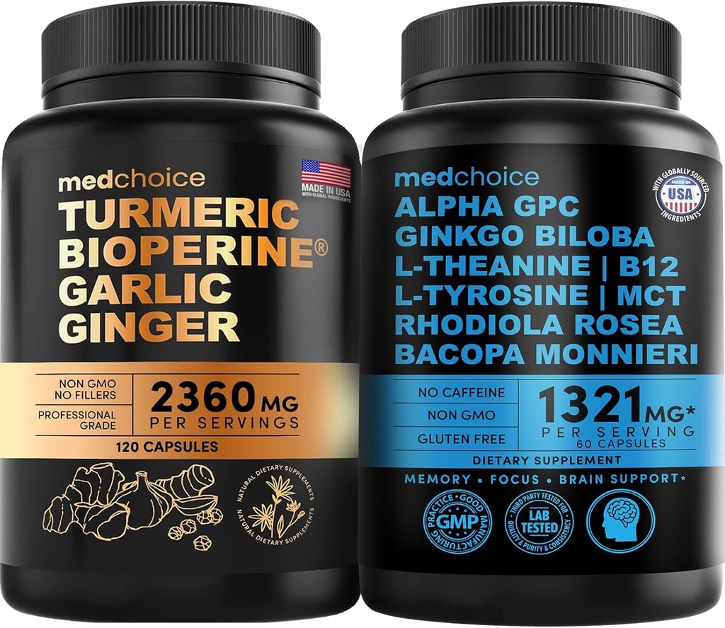 MEDCHOICE Turmeric & Ginger(120ct)和Nootropic Brain(60ct) 补充包 - 联合、文摘、大脑和Mood支持 - Vegan、Non-GMO、Gluten-Free