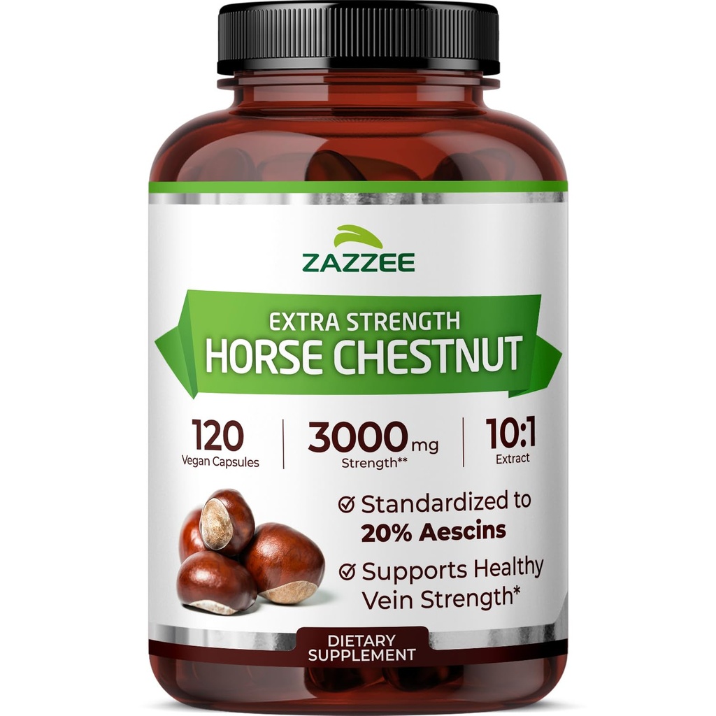 Zazzee Extra strong Horse Chestnut 10:1 提取,3000 mg 强度,20% Aescins,4个月供应,120 Vegan Capsules, 集中化和标准化 10X 提取,全自然,非GMO,美国制造