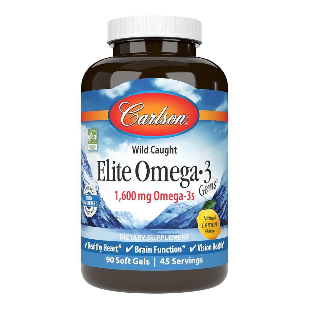 Carlson Elite Omega-3 Gems, 1600mg Omega-3s with EPA & DHA, Wild-Caught 挪威鱼油, Lemon Flavor, 90 软胶