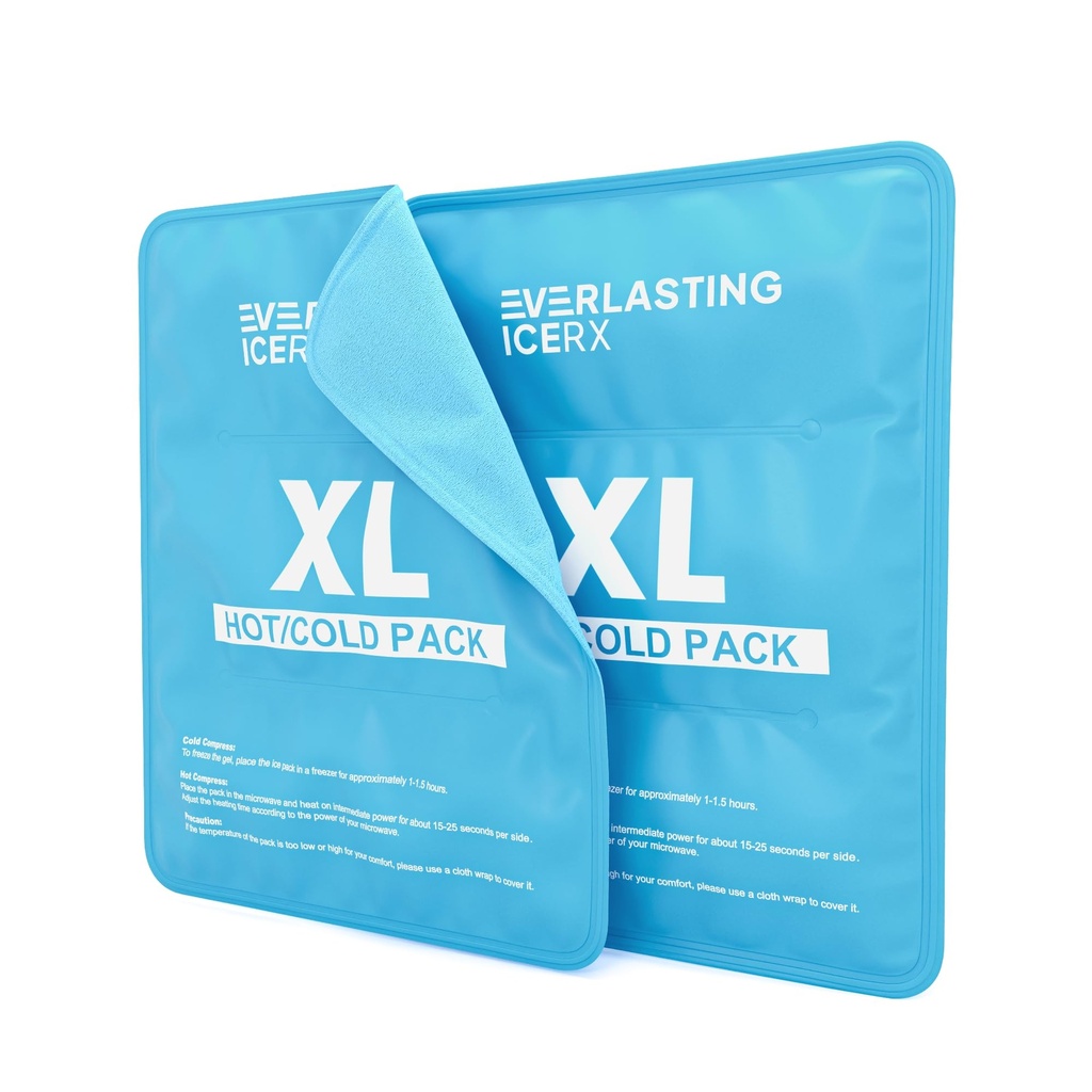 可重复使用的伤害性冰包 11"×14.5"−2 Pack XL 热和冷包 →大冰包用于后痛缓解,软冰包可重复使用,冷冻时可灵活使用