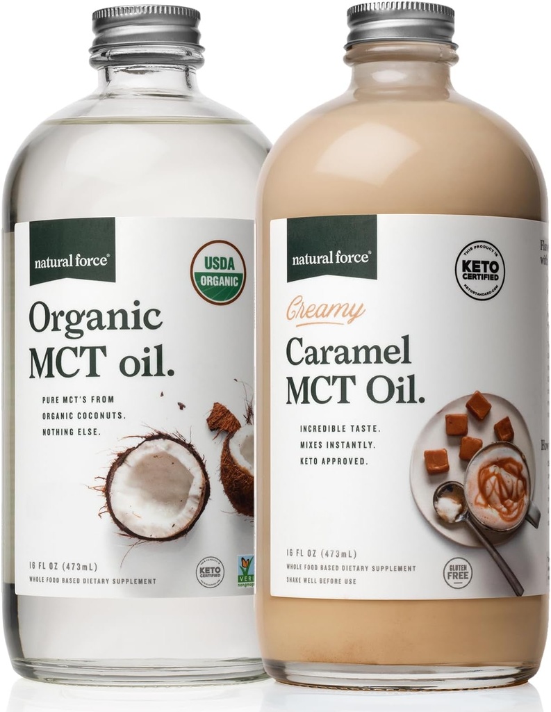 Creami Caramel MCT 自然力量 石油+有机全谱MCT 石油 — Gluten-Free, Non GMO, 来自有机椰子的100%纯椰子 MCT — Keto, Paleo, and Vegan — 2x16 Ounce Glass瓶