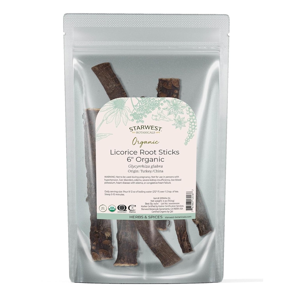 西星植物学 有机干液根茎 6"——草本植物为 Loose Leaf Tea blends, Candy, & Baked Goods, Cut & Sifted, 认证科舍, Non-GMO - 4 oz 邮袋