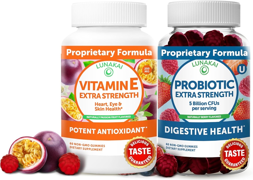 Lunakai维生素E和Probiotic Gummys Bundle - 3000 mcg Gummys for 成人能源支持 - 5亿 CMUs 为消化健康服务 - 非GMO,全部自然