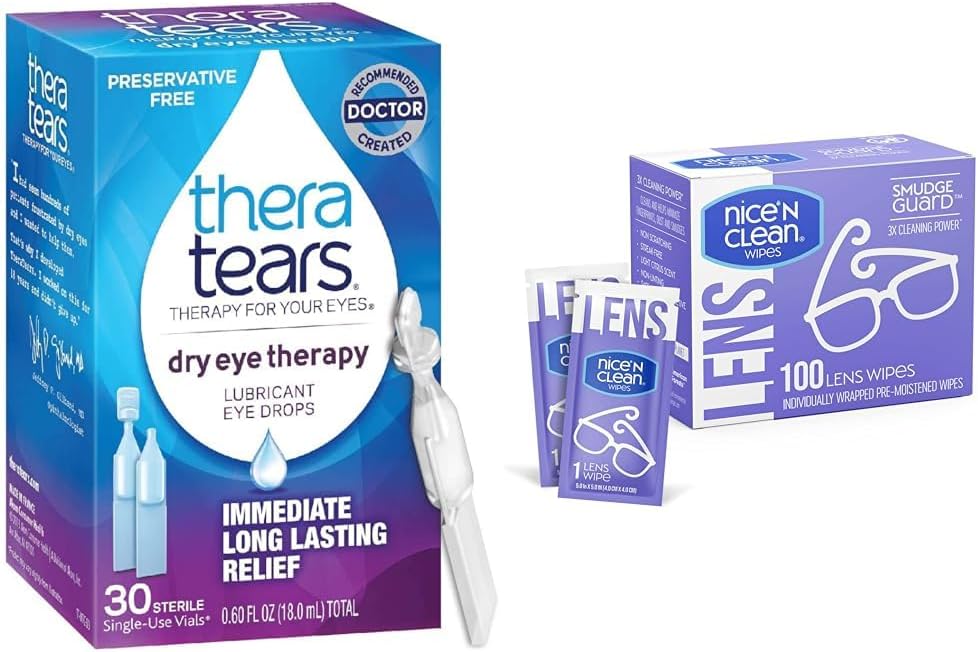 TheraTears 干眼治疗润滑剂眼滴,防腐剂免费,30 Vials & Nice 'N 干净的污泥护栏擦拭,100擦拭