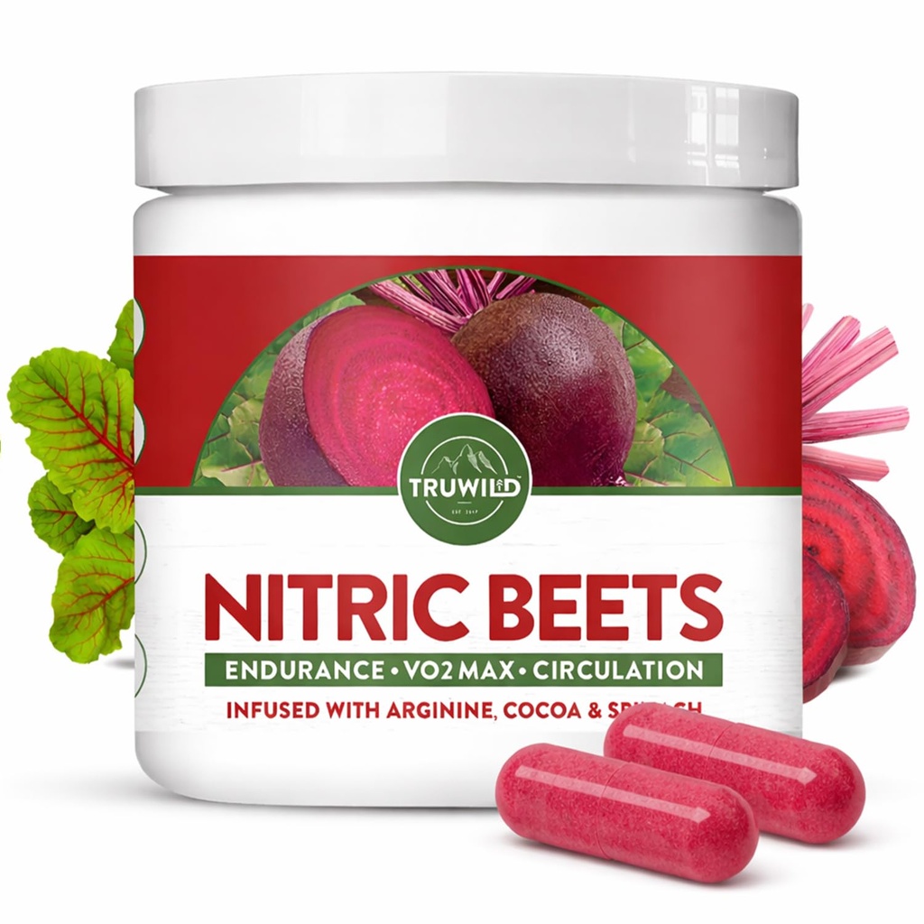 TruWild All Natural Beet Root Powder, Nitric Oxide Booster, 1000mg, Vegan 超级食品 Capsule 补充, Beetroot 提取支持整体健康,性能和Stamina, 30 服务
