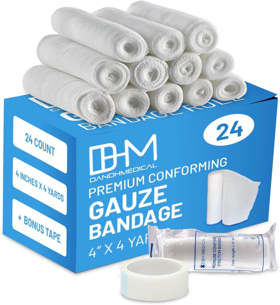 D&H 24 Gauze Bandage卷4英寸x4 Yards的医用包 - 医用Gauze包装用于伤病护理 - 方便使用Cotton Gauze卷用于手包装穿戴Ankles和膝盖