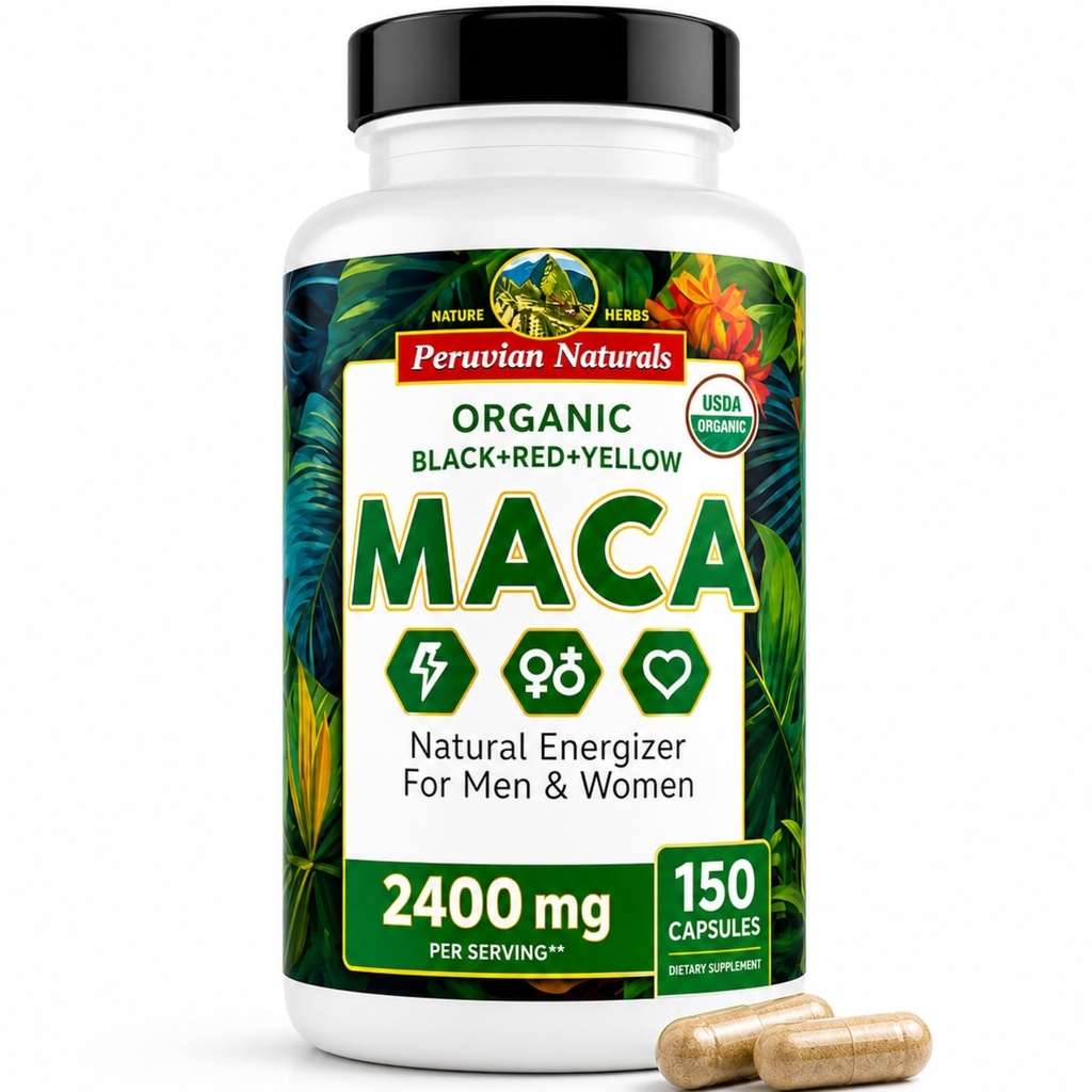 女性和男性的有机马卡根卡普勒斯每架2400mg - 150 Pills Black, Red, Yellow Maca 补充剂 - Gelatinized Macaroot, Non-GMO, Vegan by Peru Naturals