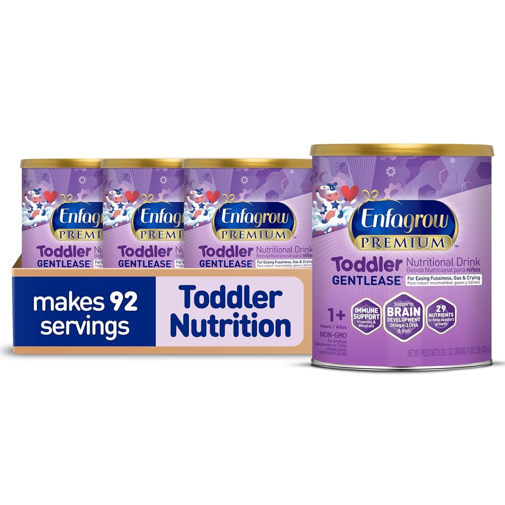 Enfagrow PREMIUM Gentlelease Toddler 营养饮料,用真牛奶制造,设计为易感性,气体和哭泣,成长和免疫支持营养剂,粉罐,29.1 Oz(4包)