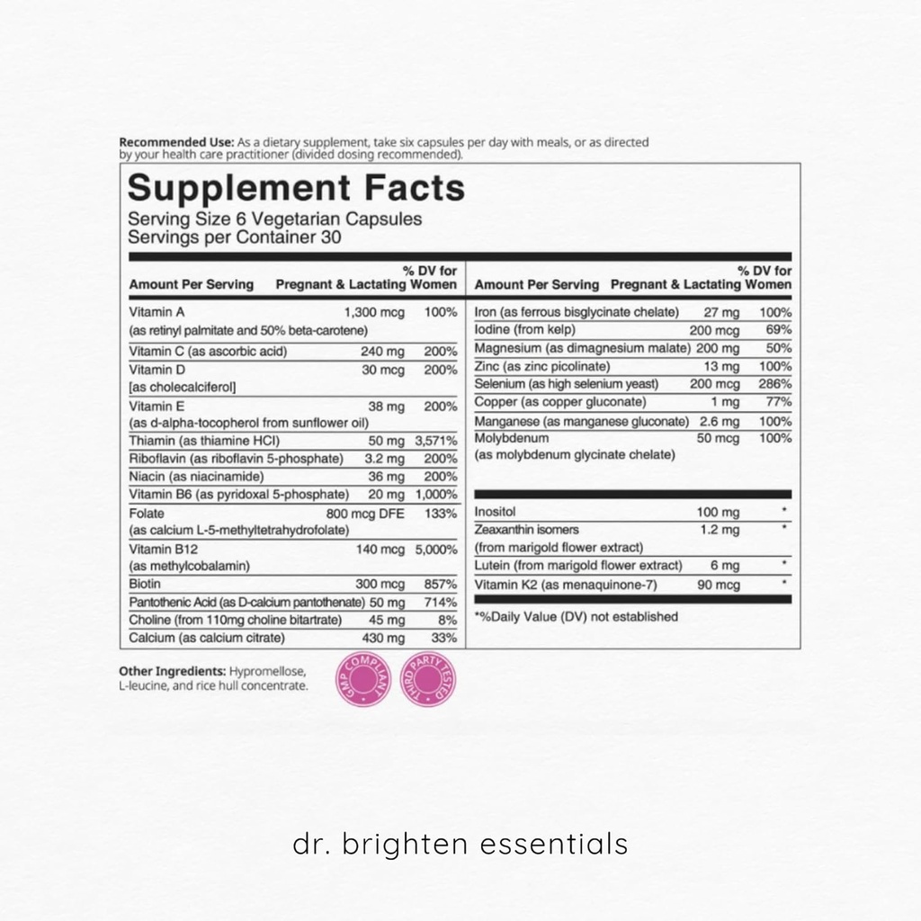 Brighten博士 产前补充和妇女避孕药支助包-维生素、矿物、抗生素、预生素和孕妇或哺乳期母亲的抗氧化剂,Non-GMO Vegan, No Gluten
