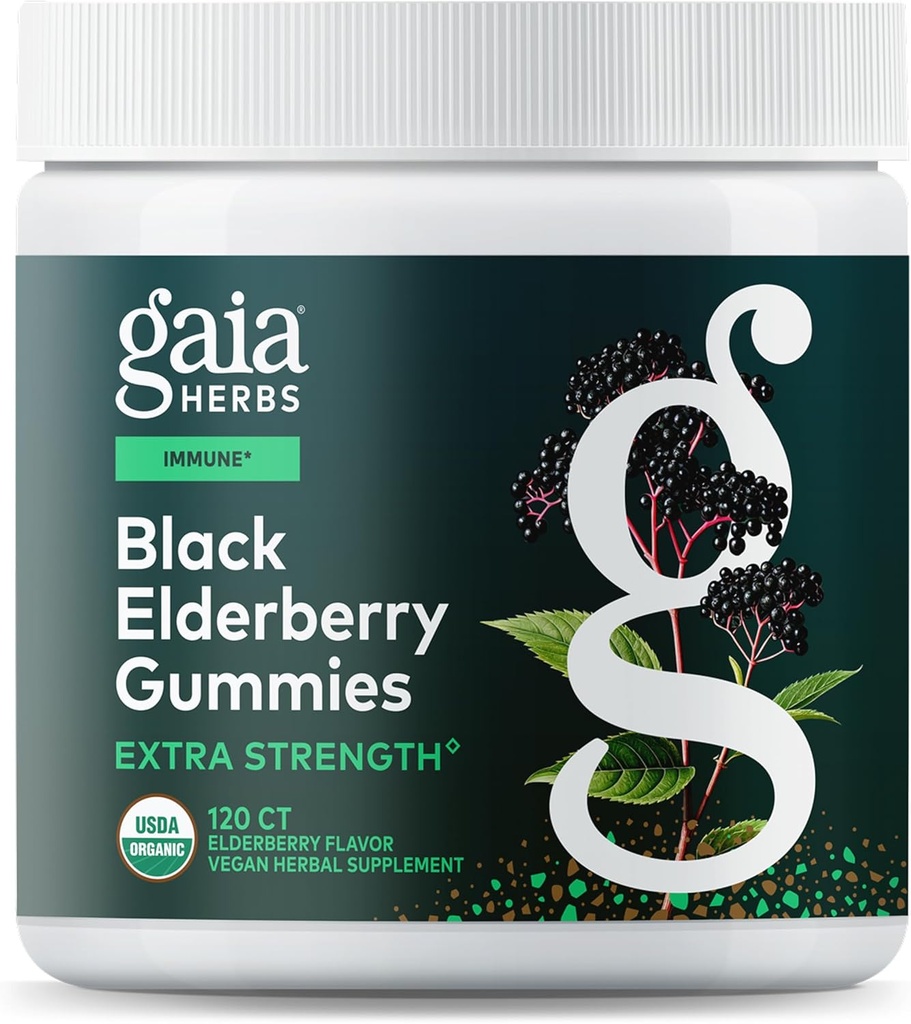 Gaia Herbs Black Elderberry (Sambucus nigra) 超强乳头(Extra strenglies) - 美味乳头支持补编* - 配有认证的有机黑色老年莓用于乳头系统支持* - 120根乳头