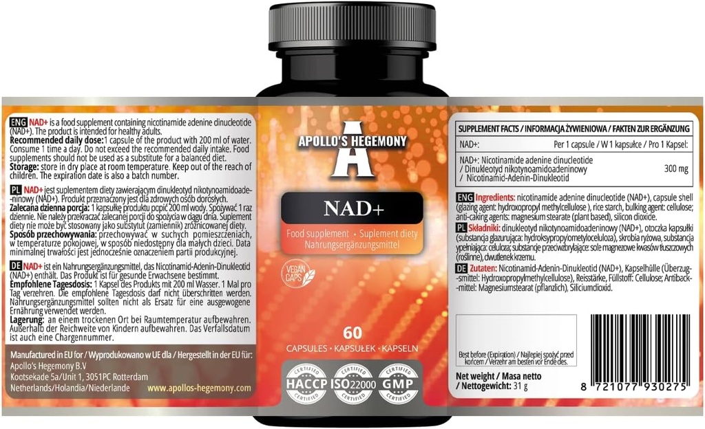 APOLLO的HEGEMONY NAD+300 mg - 维生素B3-60的协同形式 Vegan Capsules - 2个月供应 - Nicotinamide Adenine Dinucleotide 饮食补充