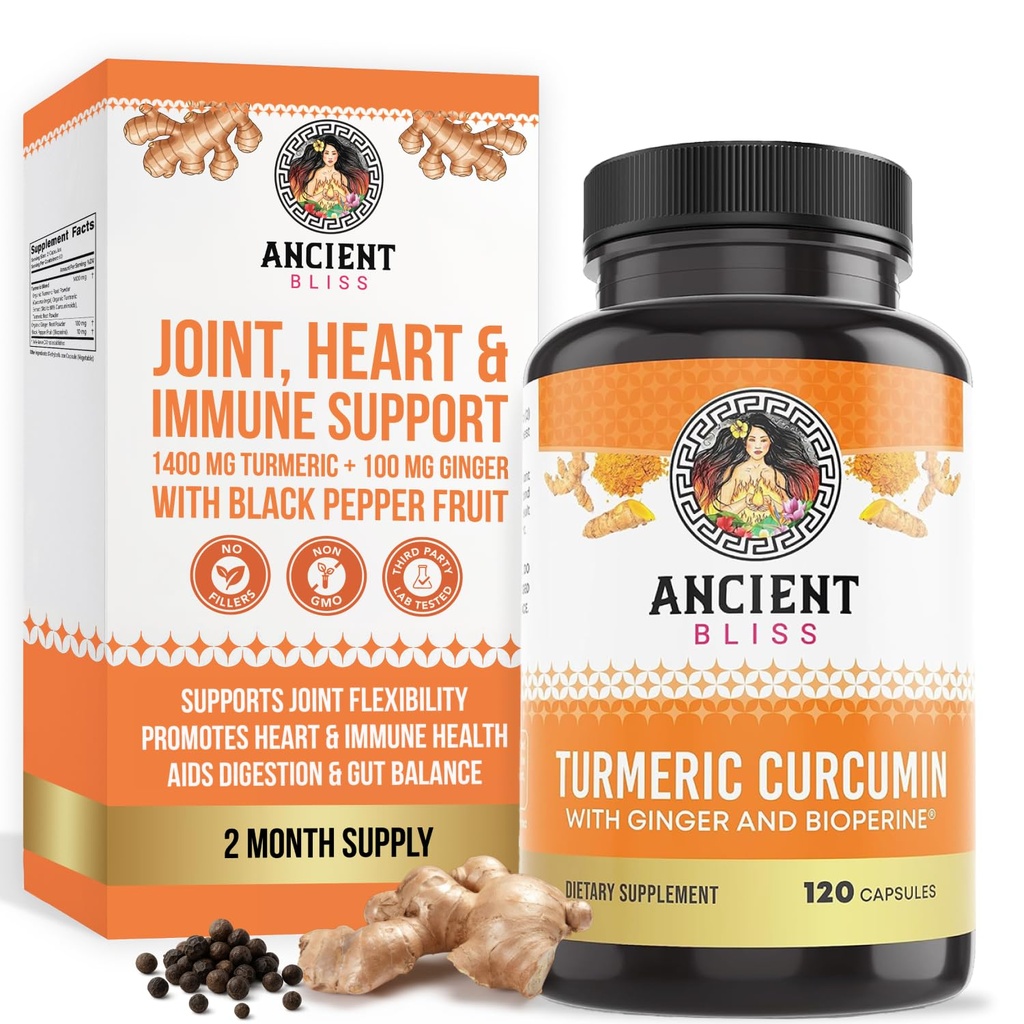 Turmeric Curcumin with Ginger & Bioperine, Turmeric Curcumin with Black Pepper & Raw 姜根粉末卡普尔补充剂 由古代Bliss(120 Capsules)