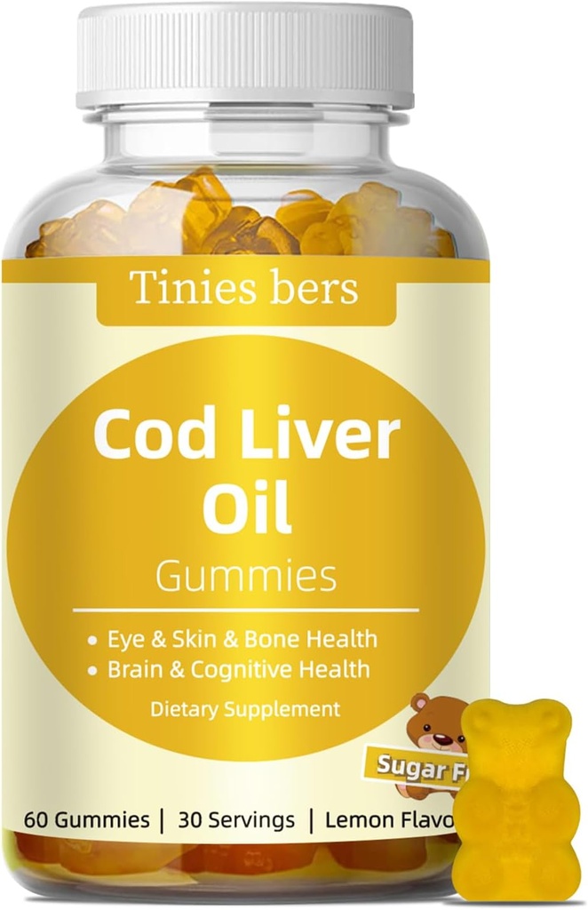 Cod Liver Oil Gummys 1000mg,成人和孩子无糖,Omega-3s和维生素A&D用于大脑,认知,心脏和眼睛,骨质健康,Gluten Free,非转基因生物,Pectin,60