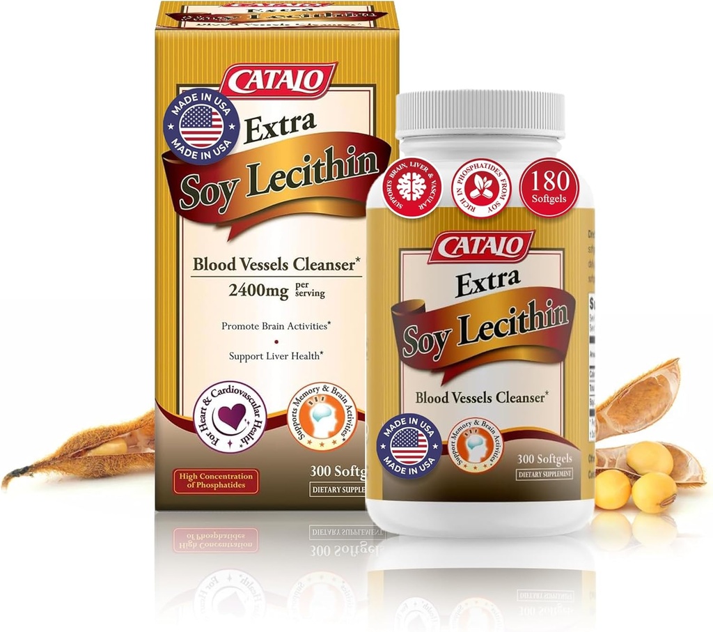 CATALO Extra Soy Lecithin Capsules – 血船健康,大脑功能,和肝脏健康 – Soy Lecithin 成人补充,300软胶