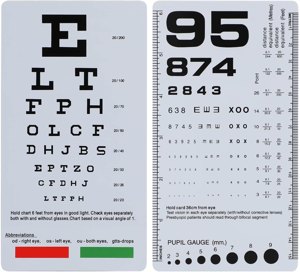 NOYOC 2 Packet Eye Chart, 2 in 1 Snellen & Rosenbaum Chart, 6.5x3.5英寸,手持双套塑料低视差卡用于眼科考试(2Pack 6 Feet)