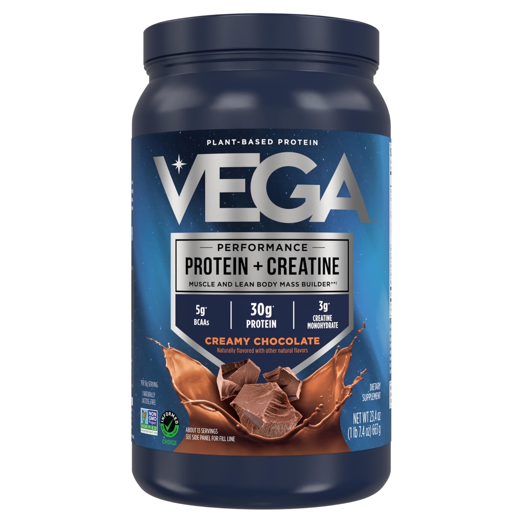 Vega蛋白 + Creatine - 30g 植物基蛋白,巧克力,13 成品,3g Creatine, 5g BCAAs, Vegan, Keto, Gluten Free, 奶制品自由,低卡布,用于肌肉生长和维修,饮料混合,23.4oz