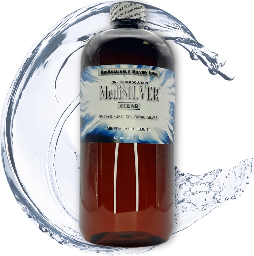 MediSILVER Clear True Free Ionic Colloidal Silver 饮食辅助剂 - 500 mL (16.9 Fl Oz) in Amber BPA-Free塑料瓶