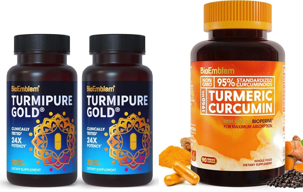 BioEmblem Turmeric Curcumin 与临床研究的TurmiPure Turmeric Curcumin 与 BioPerine 互补
