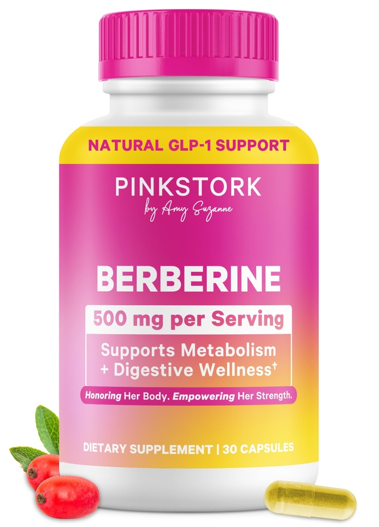 Pink Stork Berberine 500mg - Nature's GLP-1 补编 - Daily AMPK 代谢激活器 - 500-1000 mg 代谢物 + 妇女的古特健康 → 第三方测试 → Vegan → + 非GMO + 30 Capsules