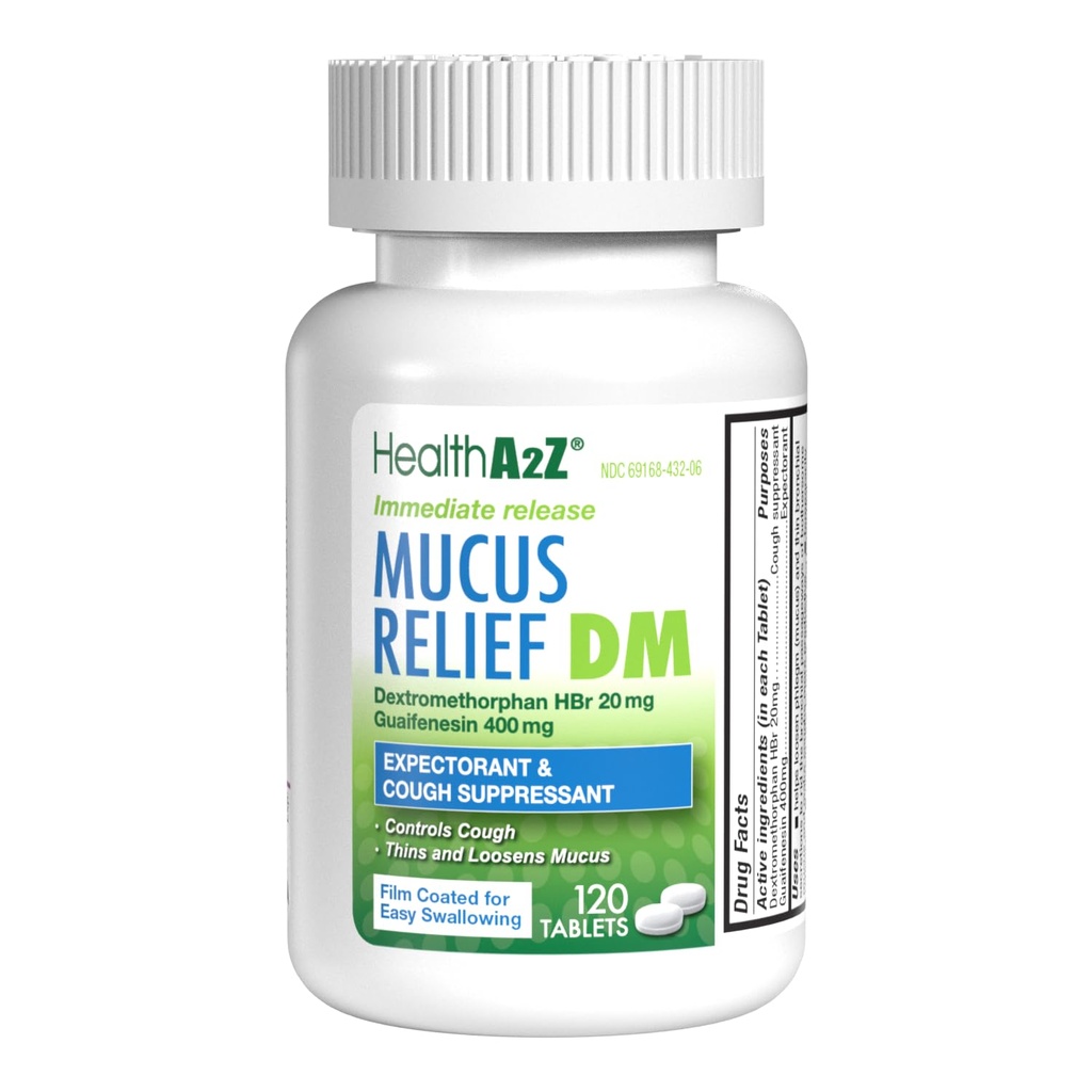 健康A2Z® Mucus Relief DM| 20mg HBr| Guaifenesin 400mg| No Benzene | Cough, 即时释放,未涂装(120个数(一包))