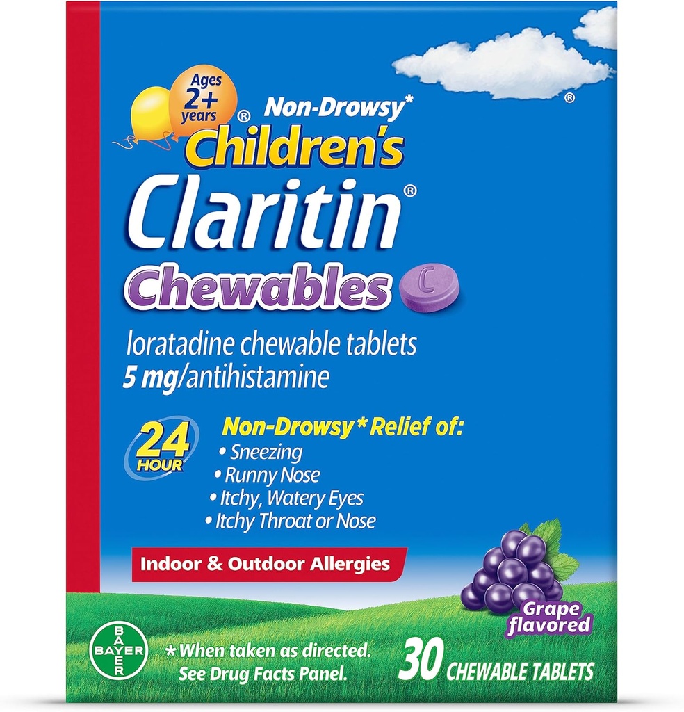 儿童Claritin Chewables 24小时过敏救济、非流浪儿童过敏医学、葡萄安眠药 Chewblets 30 Counters