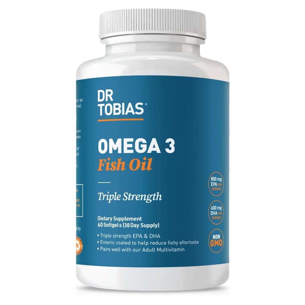 Tobias Omega 3 Fish Oil博士,2000mg 三重力量,800mg EPA 600mg DHA Pervice, Fish Omega 3 心脏、大脑和免疫支持补充剂,60 Softgels, 30 Senvice