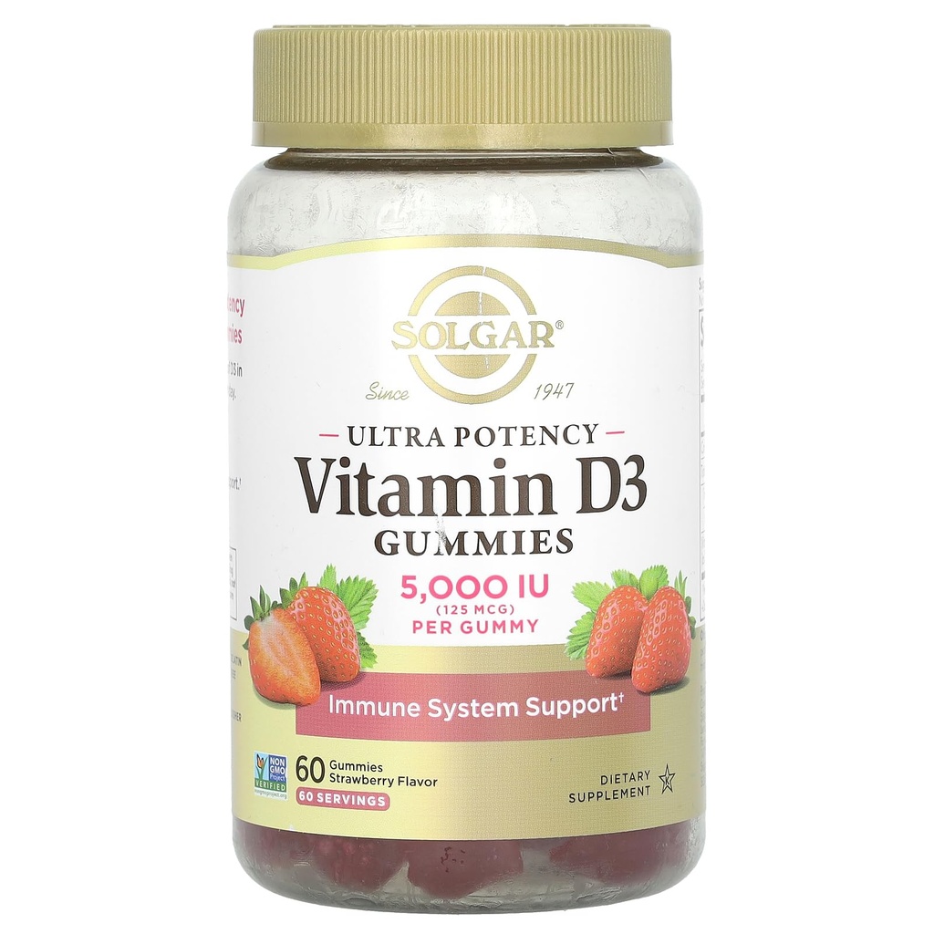Solgar Vitamin D3 成人的Gummys 5,000IU 超强概率维生素免疫系统对男女的支持 -- -- Tasty Strawberry Flavor, Gluten & Gelatin Free Gummy, 2个月供应,60人服务,2g糖