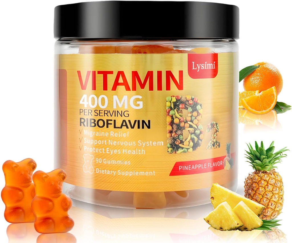 维生素B2 Gummys,维生素B2 Riboflavin Gummys 400mg 配有镁和Coq10,Migraine Relief & Headache Relief,面向儿童与成年人,90 Chewable Gummys (1)