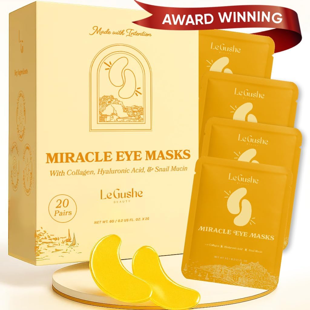 LE GUSHE Gold Under Eyes Patches for Puffy Eyes and Dark Circles (20 Pairs) - 用蜗牛穆辛液化Collagen Under Eyes - Soothing Puffy Eyes for Women & Men - 新娘礼物