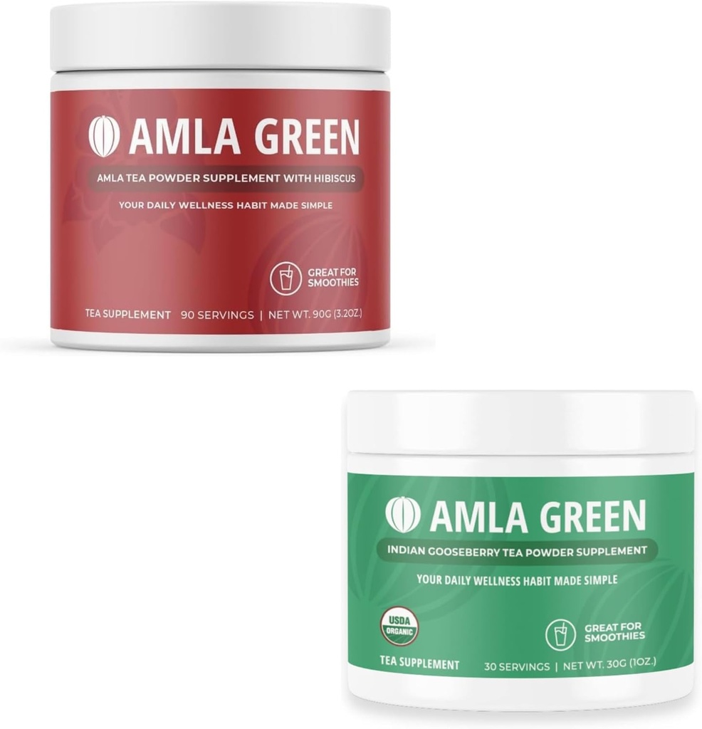 Amla Powder & Green Tea Superfood 补充品,抗氧化剂支持,用Hibiscus(90架)和印度鹅莓(30架)制造,有机,Vegan