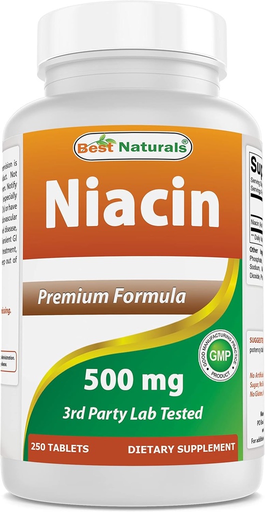 Best Naturals Niacin 500mg 250 平板电脑配Flushing——也称为维生素B3(250 count (Pack of 1)).