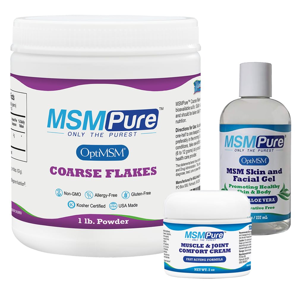 KALA HALTH MSMPure启动器套装有MSM粗裂片1lb,MSM肌肉和联合Cream 2oz和MSM Gel 有机Aloe 8oz