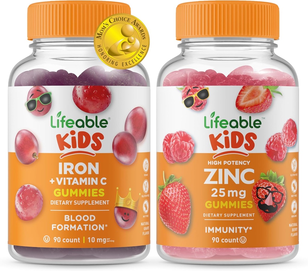 活铁和维生素C 儿童+锌50mg,Gummys Bundle - 大品尝,维生素补充,Gluten Free, GMO Free, Chewable Gummy
