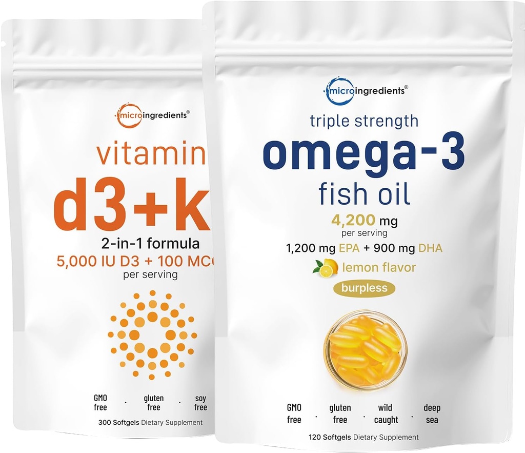 微成份 维生素 D3 5000iu + K2 100mcg 软胶 & Omega-3 鱼油 120 软胶 Bundle 2 Pack → 基本阳光 维生素 → 野生捕鱼 柠檬火焰 Burpless