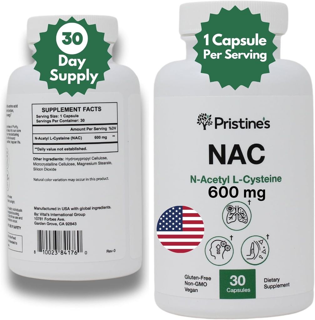 PRISTINE的N-乙酰L-Cysteine(NAC) 600MG 30天供应性强的肺和肝脏豁免抗氧化剂补充剂-Mood & 心理健康支持