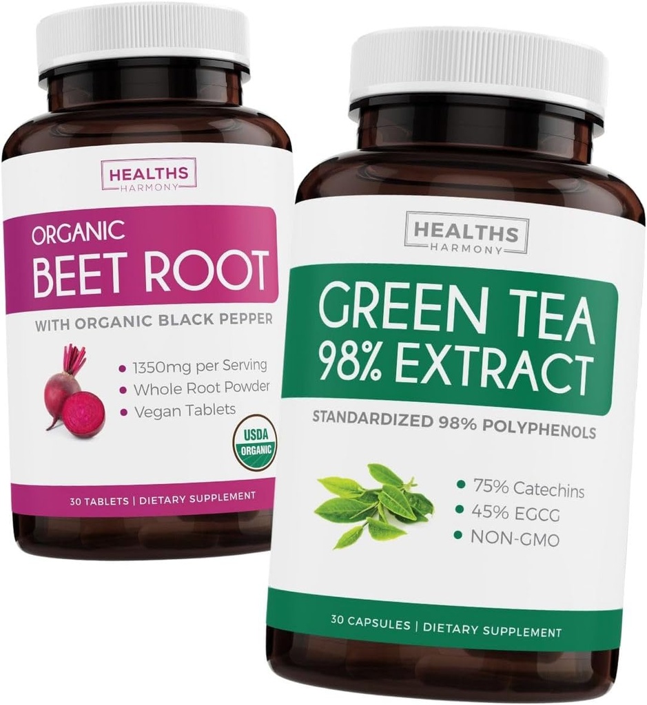 Beet Root & Green Tea Explain (2-Week Supplement) Beet & Tea Power Mix - 有机 Beet Root with Black Pepper for abcept 1250mg (30 Tablets) & Green Tea Explain 98%,每服务EGCG 1000mg (30盖)