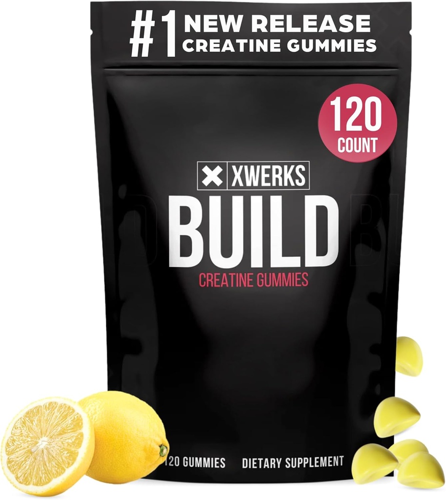 Xwerks为男女建造Creatine Gummys,120个伯爵,100%纯Creatine Monohydrate,Lemon Flavored Muscle Building Gummys 4g Per service,预工反熔,5000mg总克里塔因