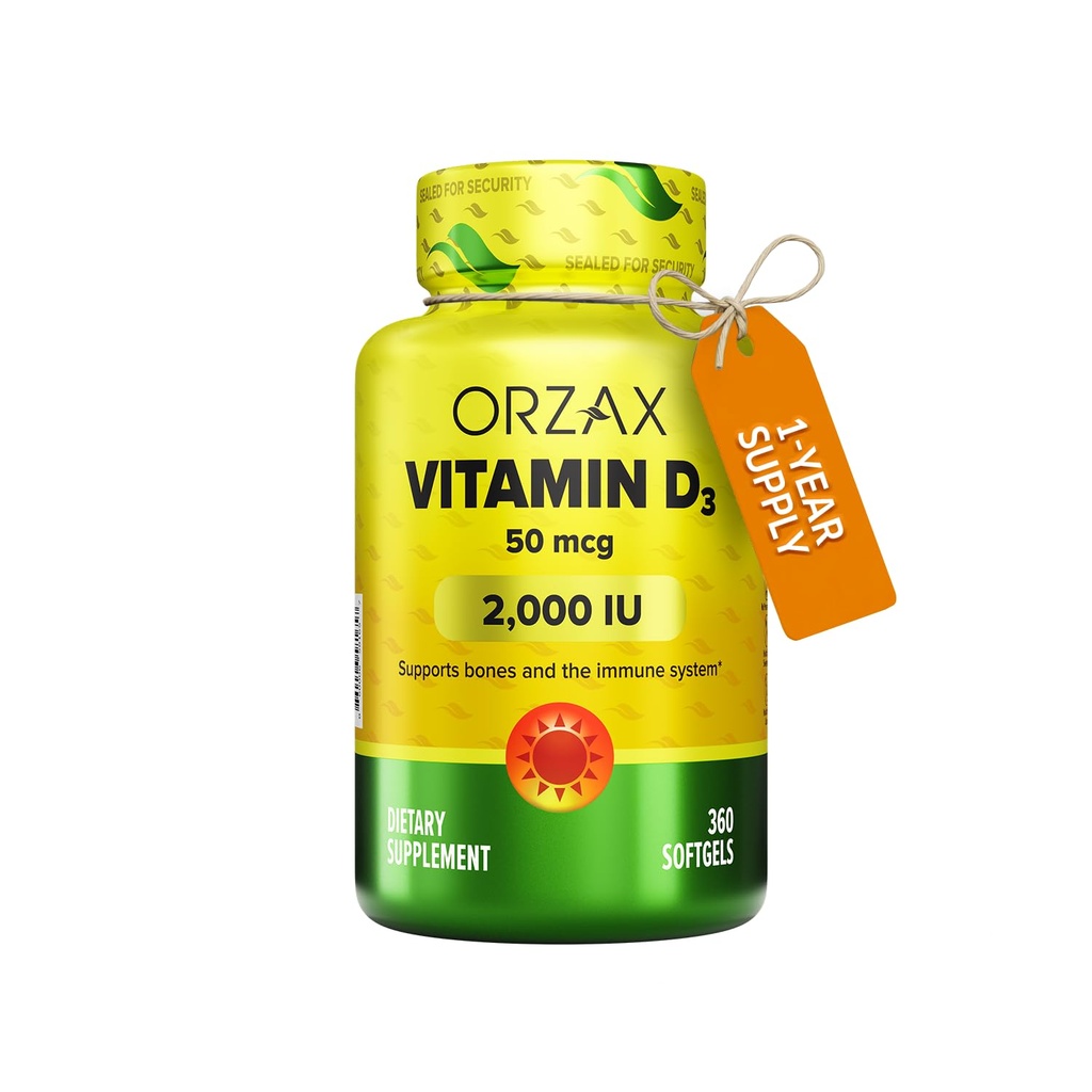 ORZAX 维生素D3 2000 iu(50 mcg) – 非GMO,Gluten Free,Sugar Free,奶制品 Free – 1年供应强健肌肉功能和免疫支持 – Mood 健康补充(360 Softgel)