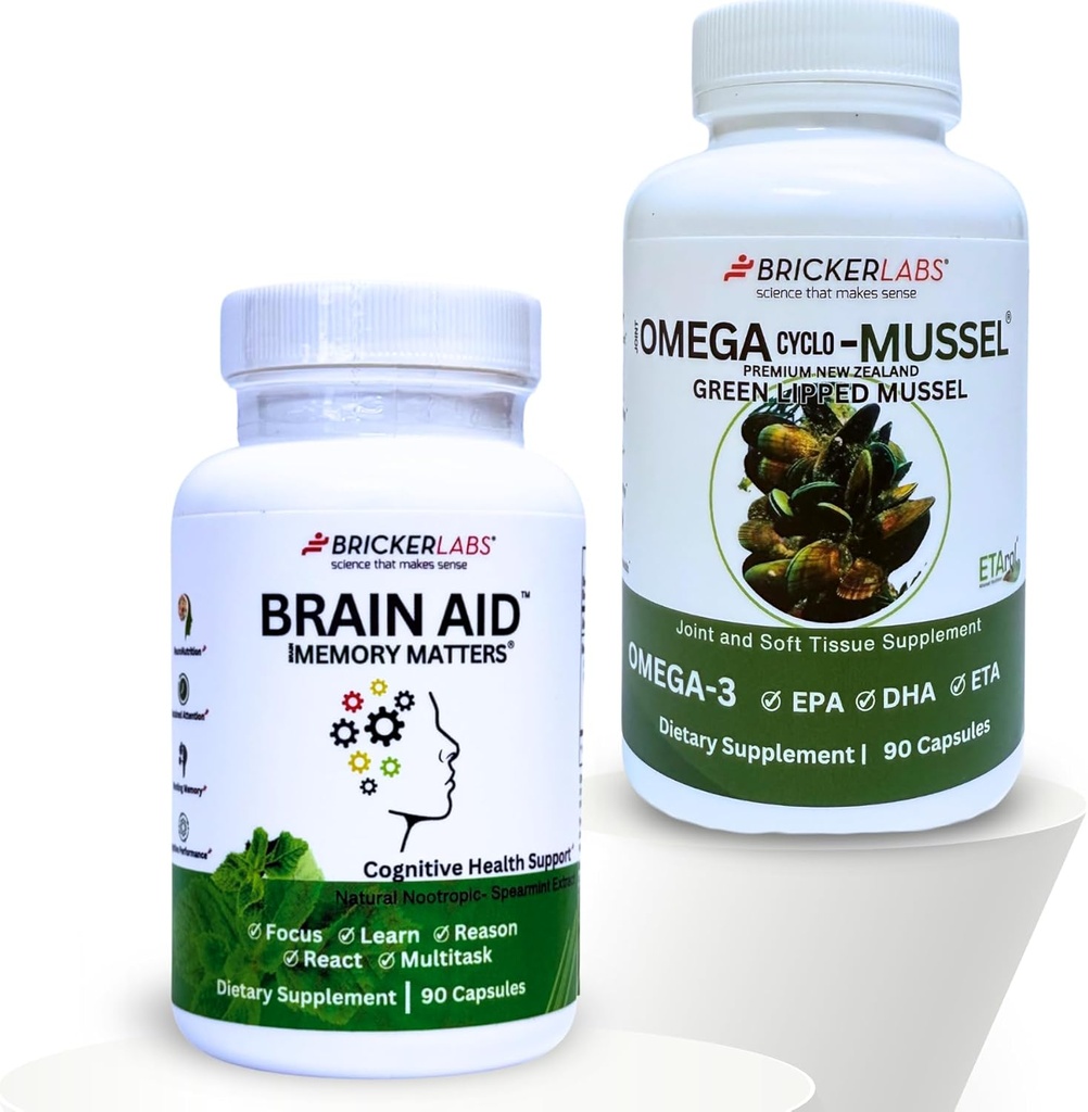 Bricker Labs Mind & Motion:联合健康与认知支持 Bundle:Omega Cyclo - Mussel Full Spectrum Omega 联合支持和脑辅助记忆事项 认知支持补编,