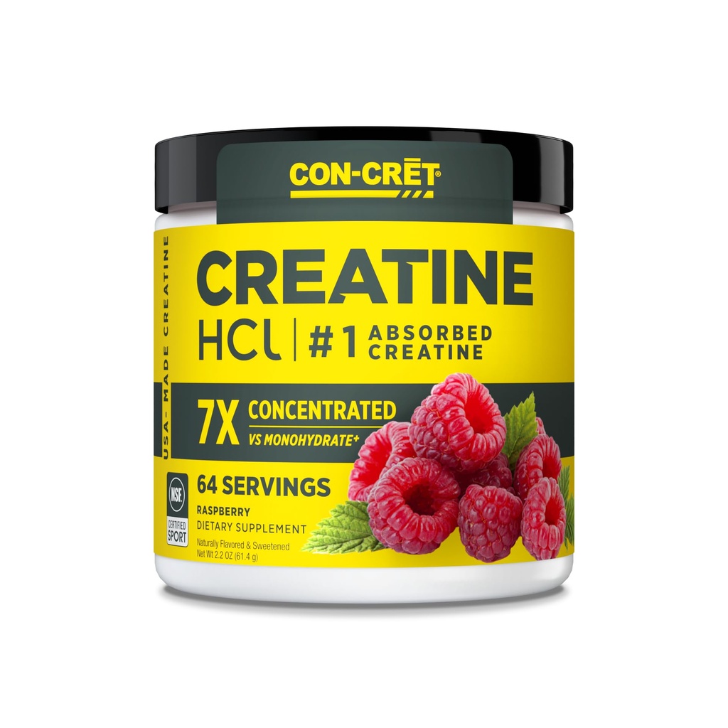 CON-CRET Creatine HCl Powder |肌肉,认知,细胞能量支持 |没有布局或Cramps |美国制造和NSF认证 | Raspberry(64 service)