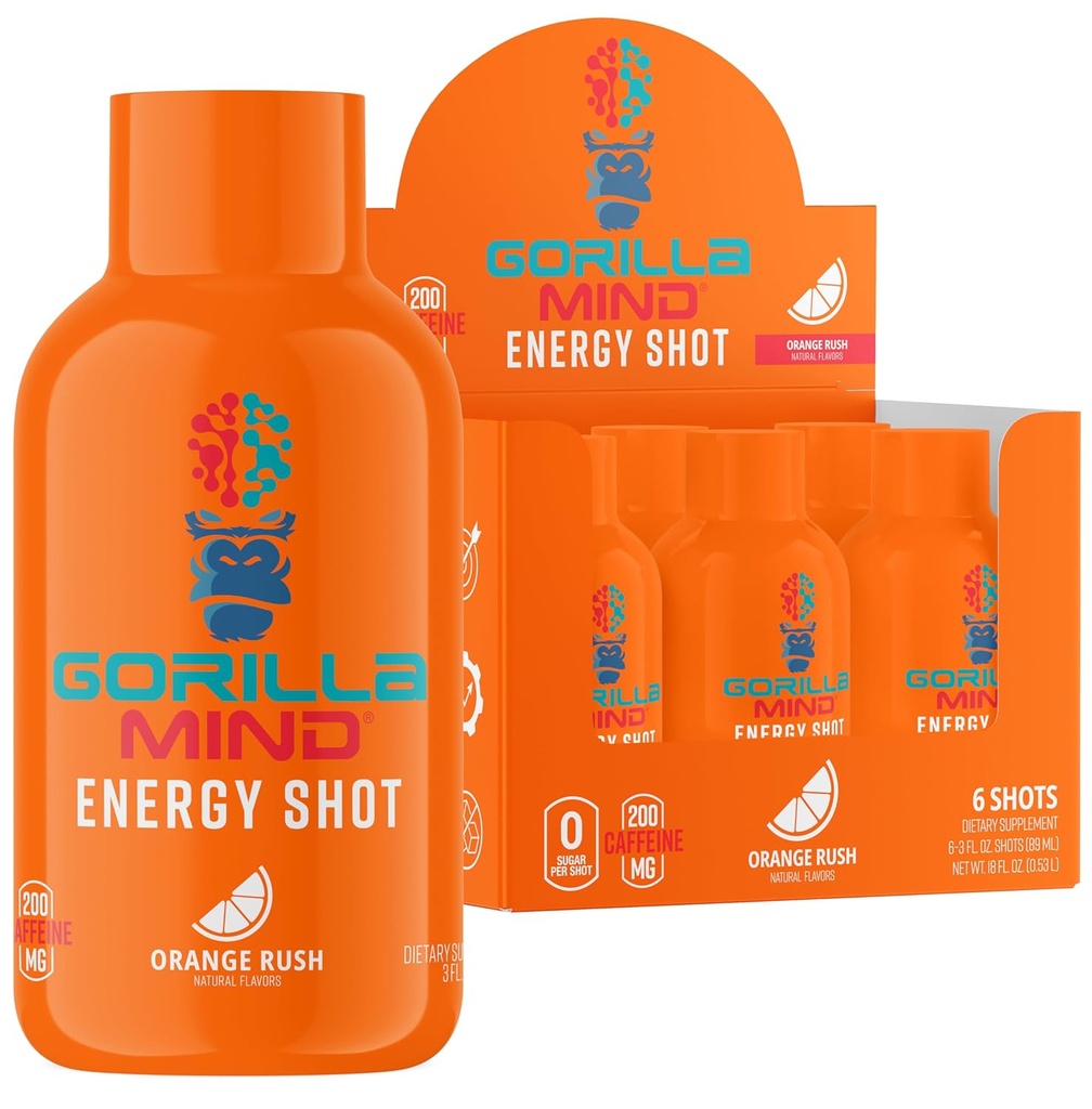 Gorilla Mode Energy Shots (6-Pack) - 增强焦点和能量的能量射击,无糖,快动作,带有维生素和天然提取物的强力公式(Orange Rush)